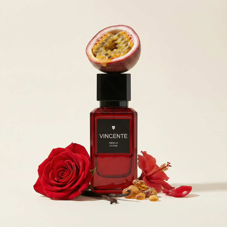 Vincente Hibiscus Eclipse 50ml perfume bottle with passion ftuit and red rose
